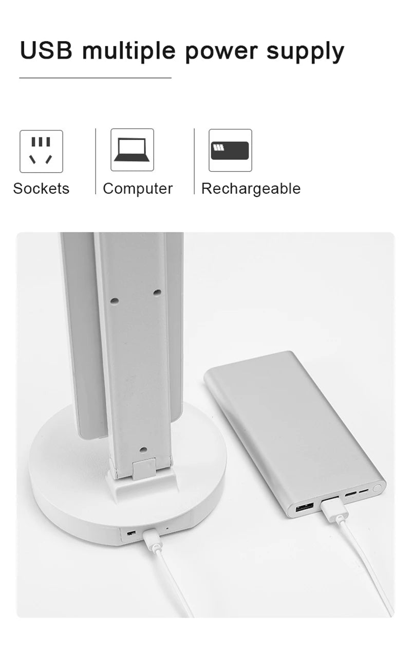 Lámpara de mesa de reloj LED recargable por USB, lámparas de escritorio regulables, 2 cabezales, rotación de 180 grados, protección ocular plegable, luces nocturnas de lectura de escritorio