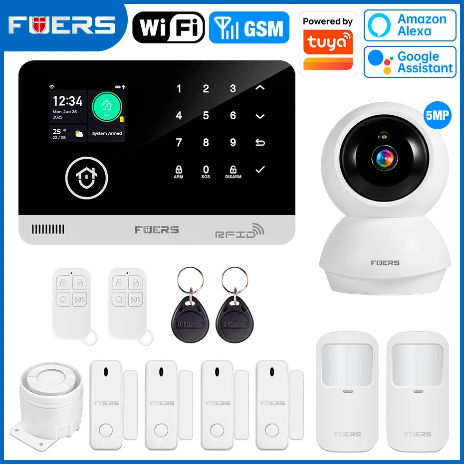 Sistema de alarma FUERS para el hogar TUYA WIFI inteligente GSM alarma de seguridad Host con Sensor de movimiento de puerta Tuya aplicación inteligente control trabajo Alexa