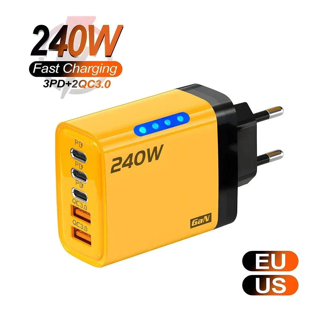 Cargador rápido GaN 5 en 1 de 240W, cargador de pared USB C multipuerto, adaptador de PC ignífugo con luz LED para iPhone, Samsung, Xiaomi, enchufe UE/EE. UU.
