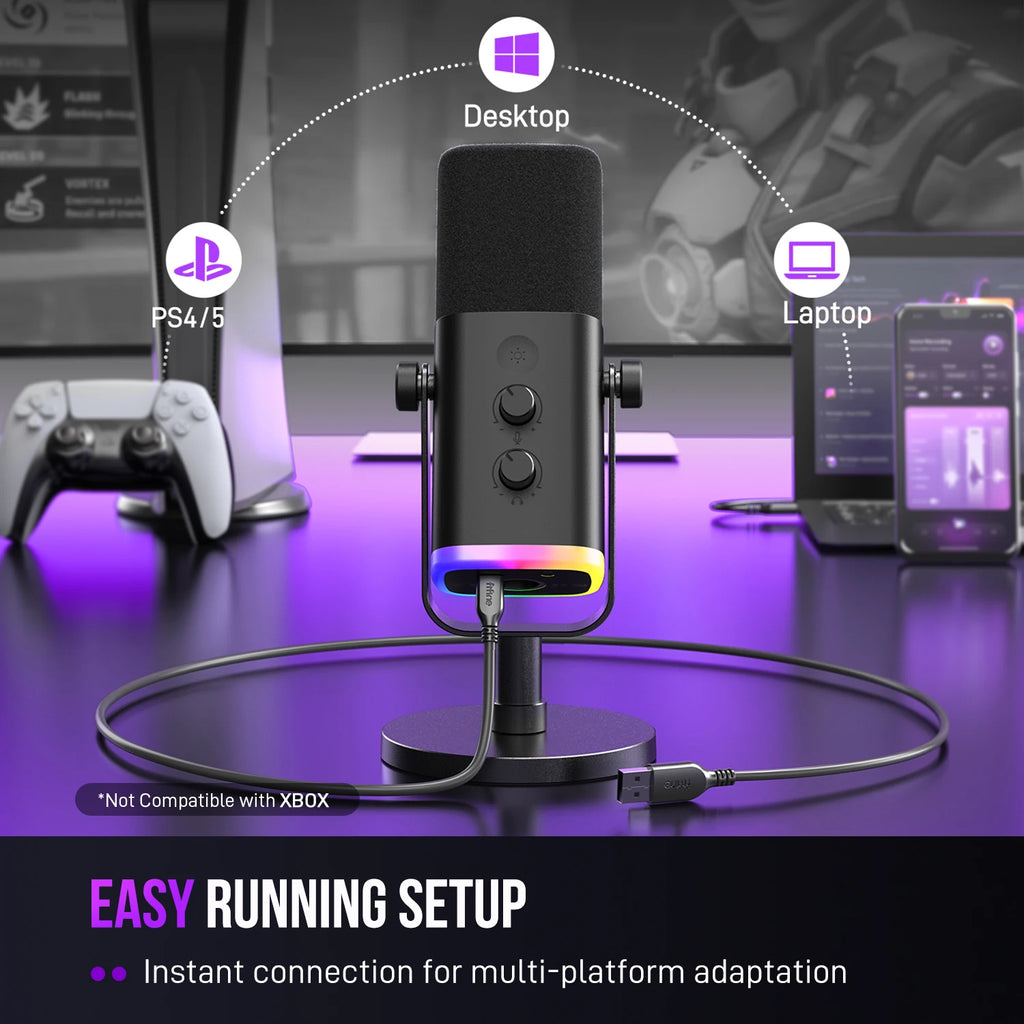 Micrófono dinámico FIFINE USB/XLR con Control RGB/conector para auriculares/mú, micrófono para grabación de juegos de PC Streaming AmpliGame-AM8