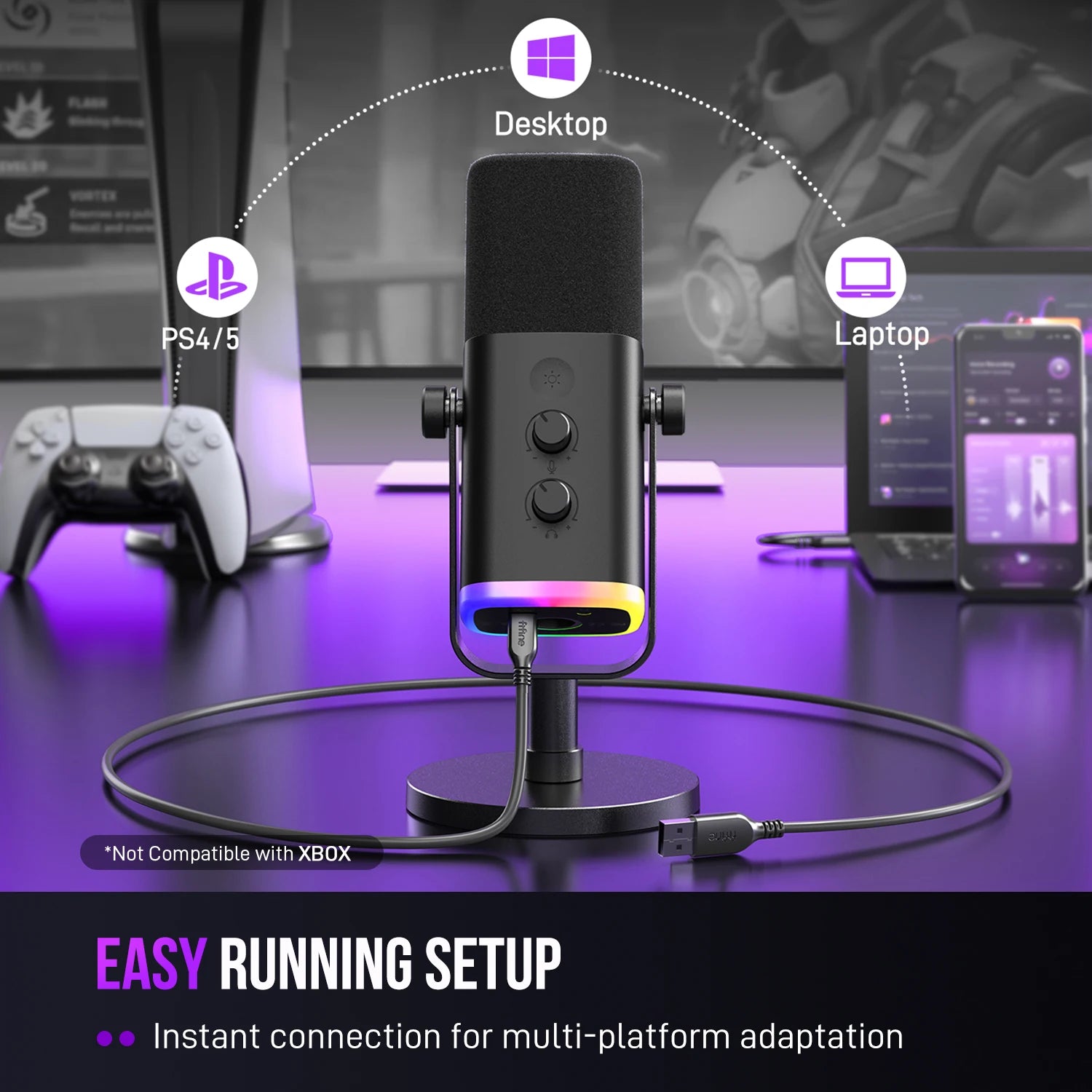 Micrófono dinámico FIFINE USB/XLR con Control RGB/conector para auriculares/mú, micrófono para grabación de juegos de PC Streaming AmpliGame-AM8