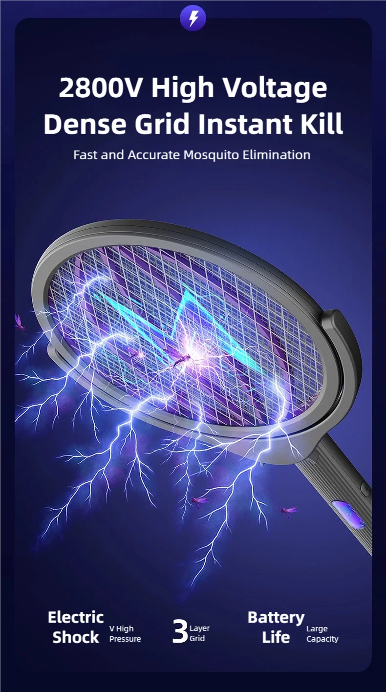 Raqueta Eléctrica Retráctil para Mosquitos TINSOL, Recargable, con Cabezal Giratorio, Mata Mosquitos de Doble Uso para Interiores y Exteriores