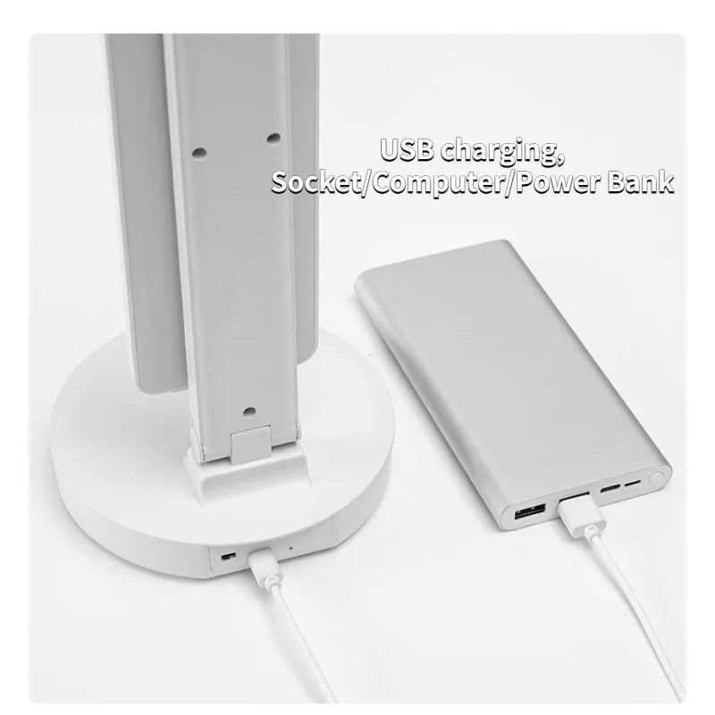 Lámpara de mesa de reloj LED recargable por USB, lámparas de escritorio regulables, 2 cabezales, rotación de 180 grados, protección ocular plegable, luces nocturnas de lectura de escritorio