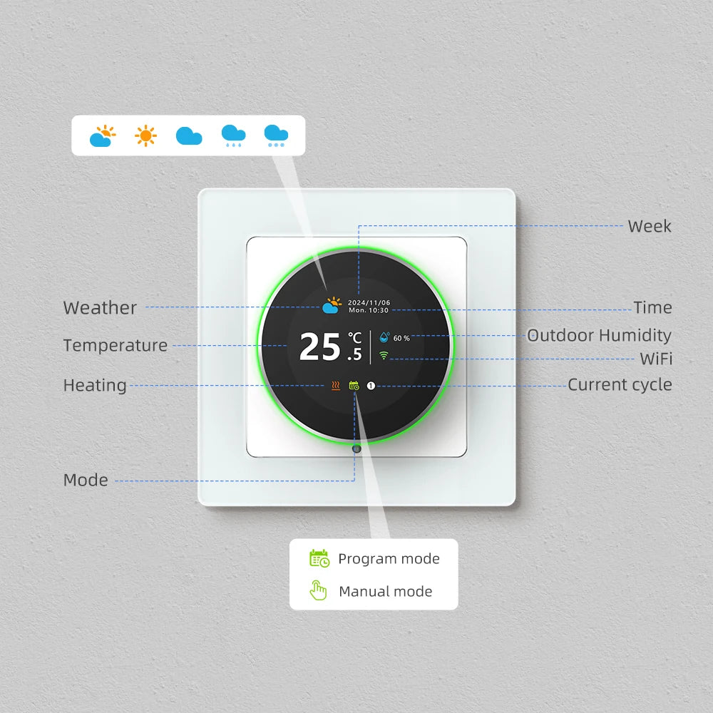 Termostato inteligente AVATTO con WiFi, controlador de temperatura para caldera de agua, gas y calefacción eléctrica, compatible con Tuya, Alexa y Google Home