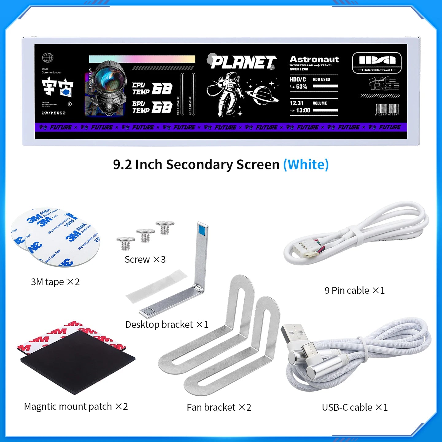Pantalla secundaria IPS tipo C de 9,2 pulgadas TURZX 1920x462 LCD para Windows 10 11 chasis de ordenador red CPU GPU RAM Monitor de disco duro