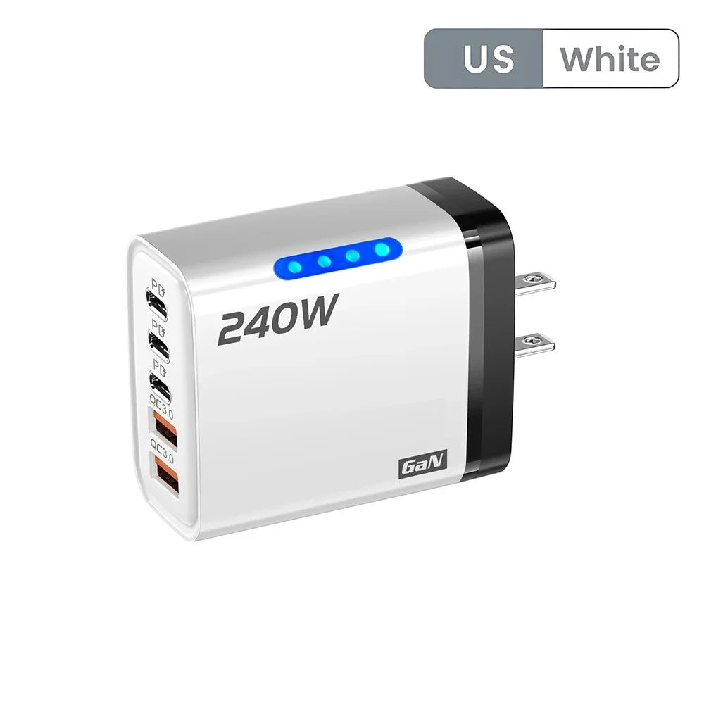 Cargador rápido GaN 5 en 1 de 240W, cargador de pared USB C multipuerto, adaptador de PC ignífugo con luz LED para iPhone, Samsung, Xiaomi, enchufe UE/EE. UU.