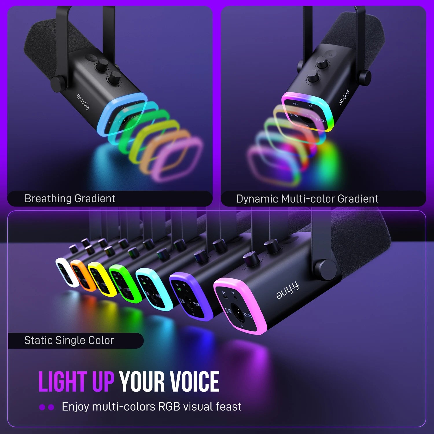 Micrófono dinámico FIFINE USB/XLR con Control RGB/conector para auriculares/mú, micrófono para grabación de juegos de PC Streaming AmpliGame-AM8