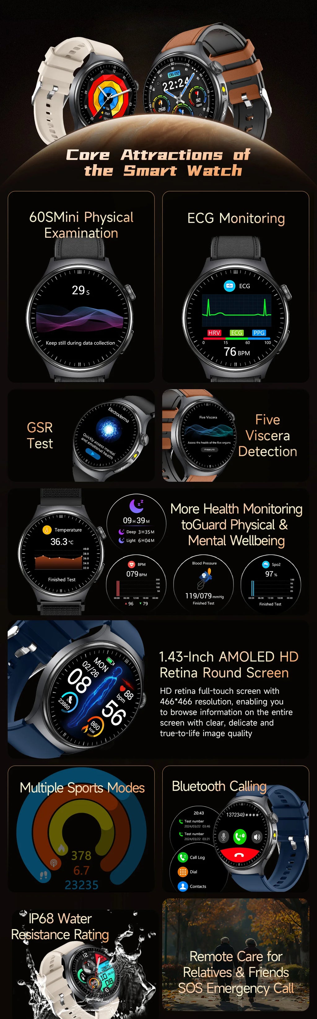 Reloj Inteligente 2026 con Diagnóstico Preciso de ECG, Medición de Grasa Corporal, Oxígeno en Sangre, Presión Arterial, Pantalla HD AMOLED, Llamadas, para Hombres y Mujeres