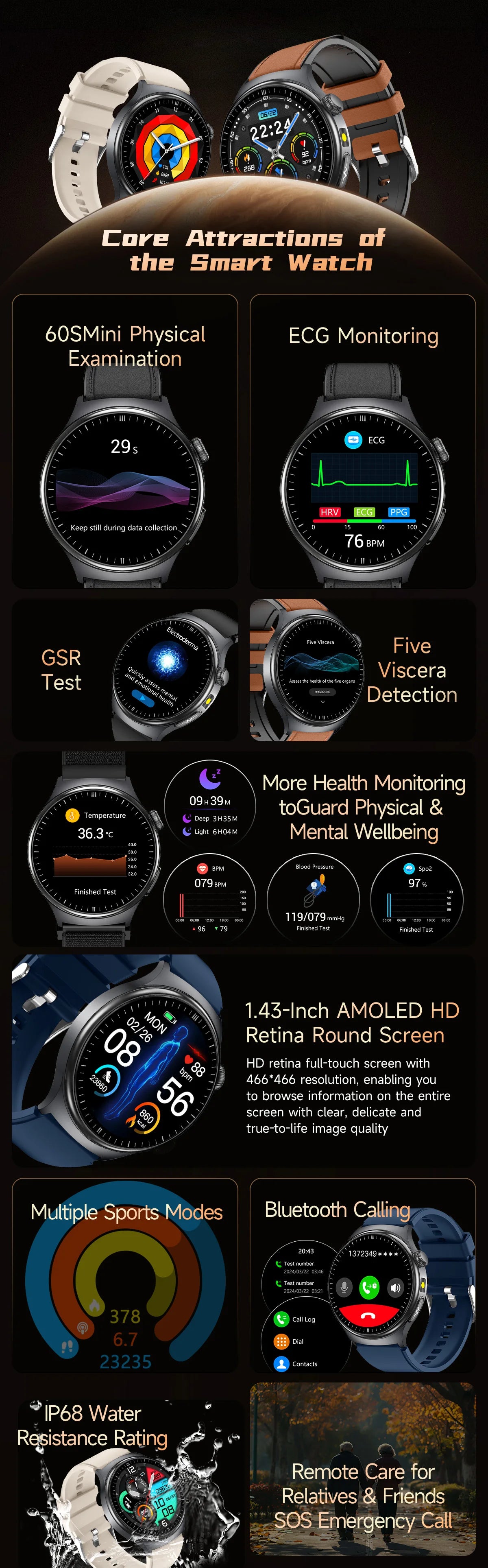 Reloj Inteligente 2026 con Diagnóstico Preciso de ECG, Medición de Grasa Corporal, Oxígeno en Sangre, Presión Arterial, Pantalla HD AMOLED, Llamadas, para Hombres y Mujeres