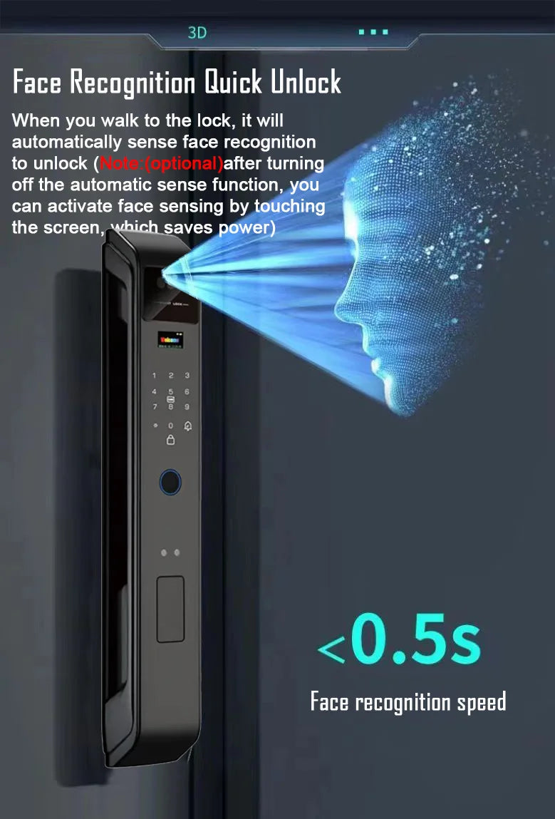 Tuya APP Smart Life APP Control intercomunicador de voz cerradura inteligente reconocimiento facial 3D contraseña de huella digital cerradura de puerta inteligente con cámara