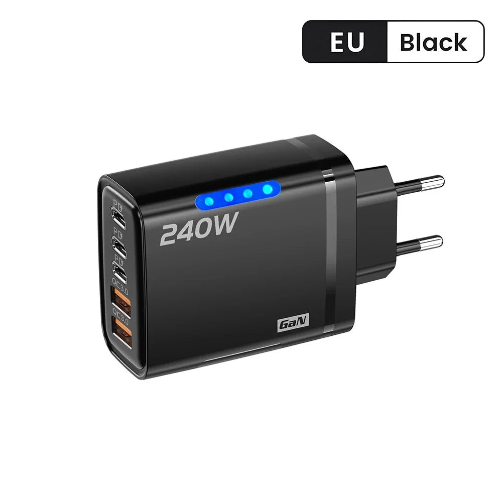 Cargador rápido GaN 5 en 1 de 240W, cargador de pared USB C multipuerto, adaptador de PC ignífugo con luz LED para iPhone, Samsung, Xiaomi, enchufe UE/EE. UU.