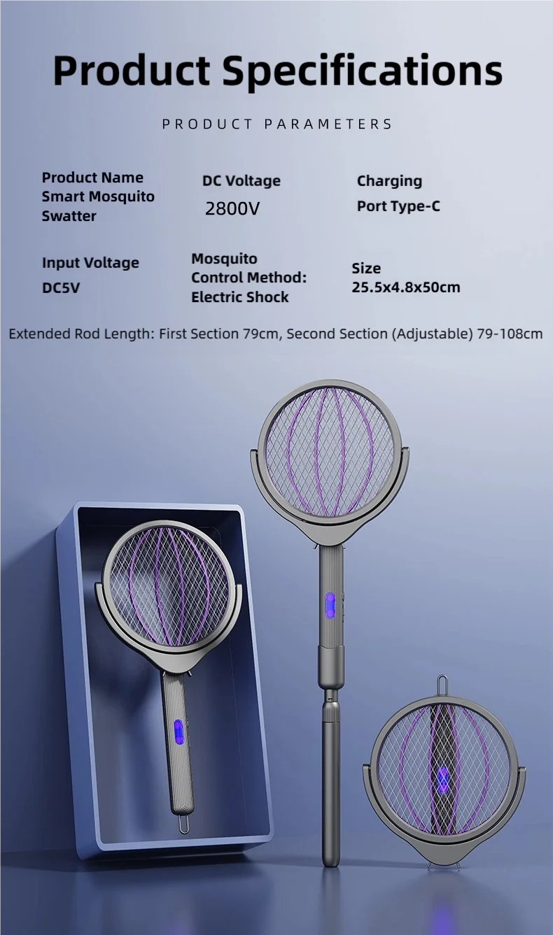 Raqueta Eléctrica Retráctil para Mosquitos TINSOL, Recargable, con Cabezal Giratorio, Mata Mosquitos de Doble Uso para Interiores y Exteriores