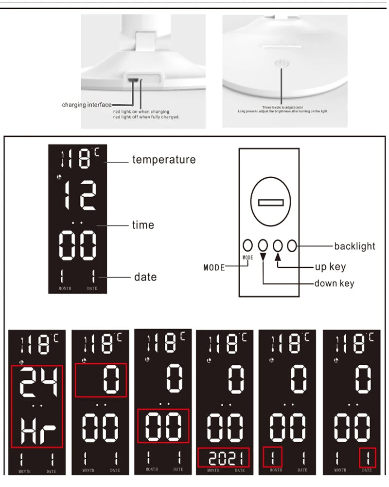 Lámpara de mesa de reloj LED recargable por USB, lámparas de escritorio regulables, 2 cabezales, rotación de 180 grados, protección ocular plegable, luces nocturnas de lectura de escritorio