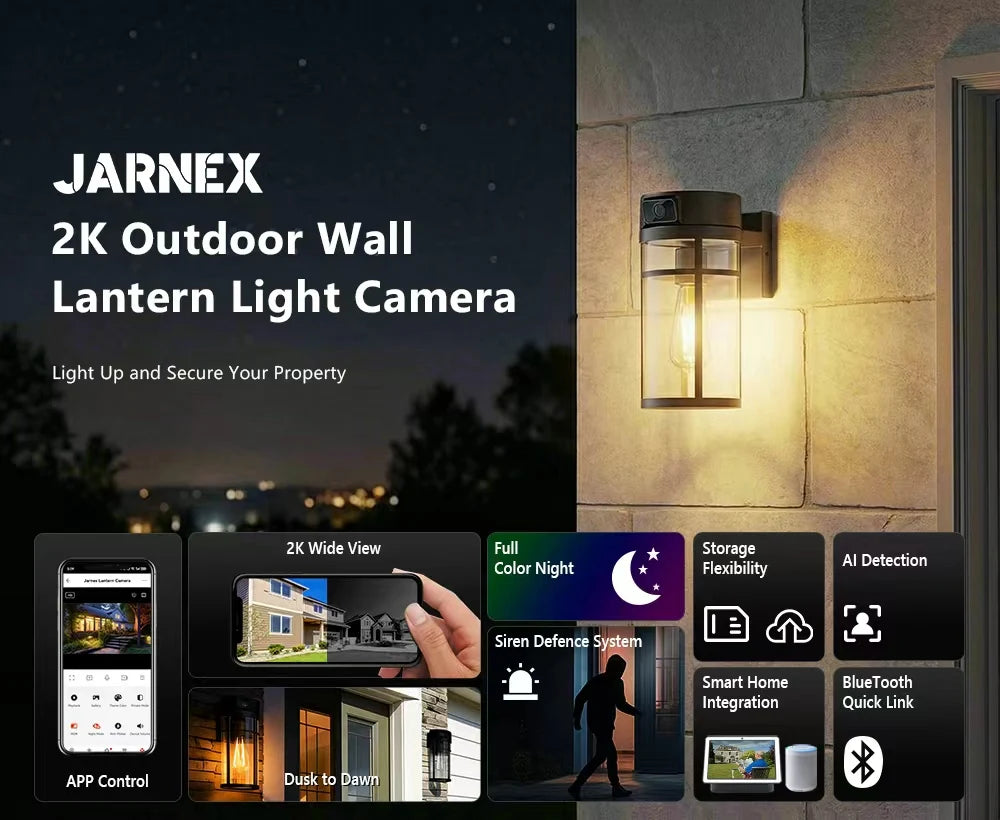 Cámara de Seguridad WiFi PTZ 2K para Exteriores Jarnex, con Detección Humana por IA, Luz para Patio, 4MP, Audio Bidireccional, Lámpara de Jardín PTZ