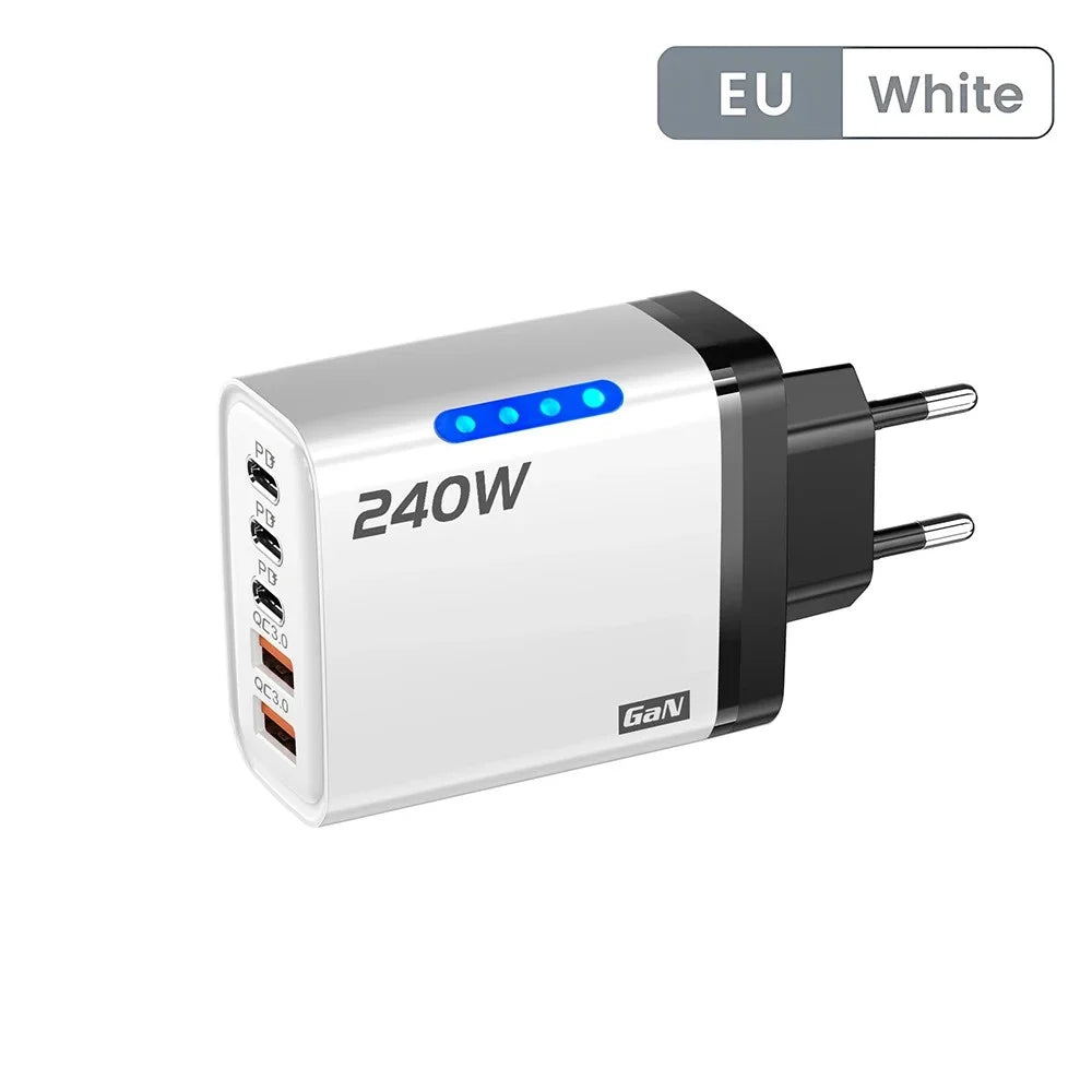 Cargador rápido GaN 5 en 1 de 240W, cargador de pared USB C multipuerto, adaptador de PC ignífugo con luz LED para iPhone, Samsung, Xiaomi, enchufe UE/EE. UU.