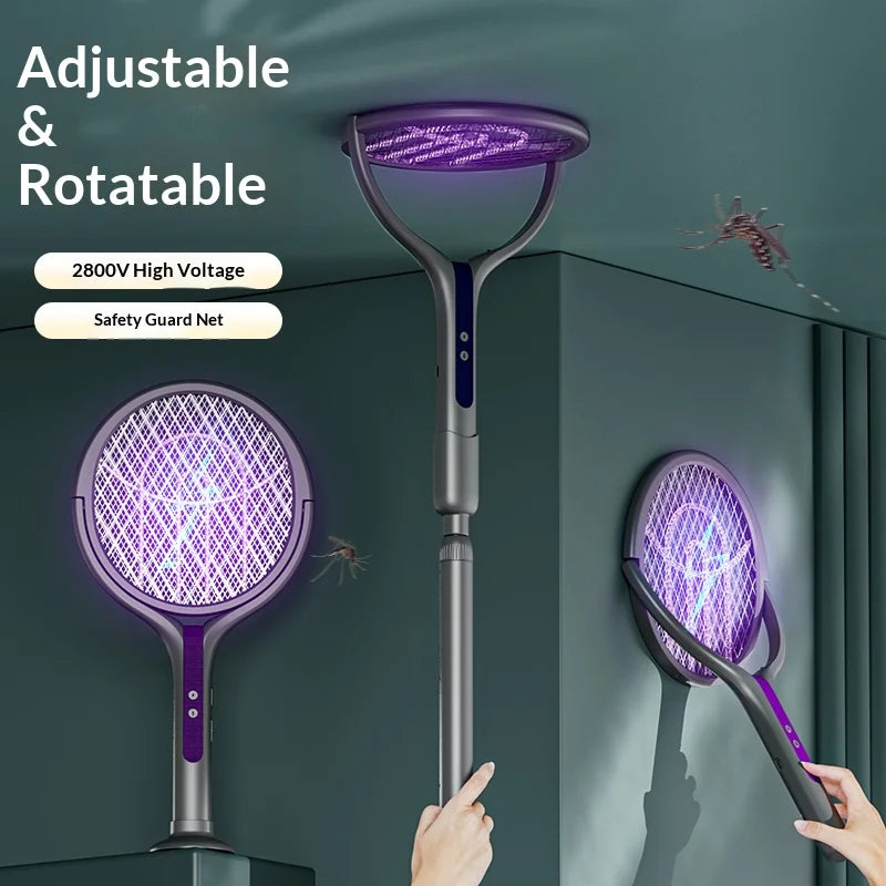 Raqueta Eléctrica Recargable para Matar Insectos con Cabezal Giratorio, Matamoscas y Lámpara Trampa para Mosquitos para Interiores y Exteriores