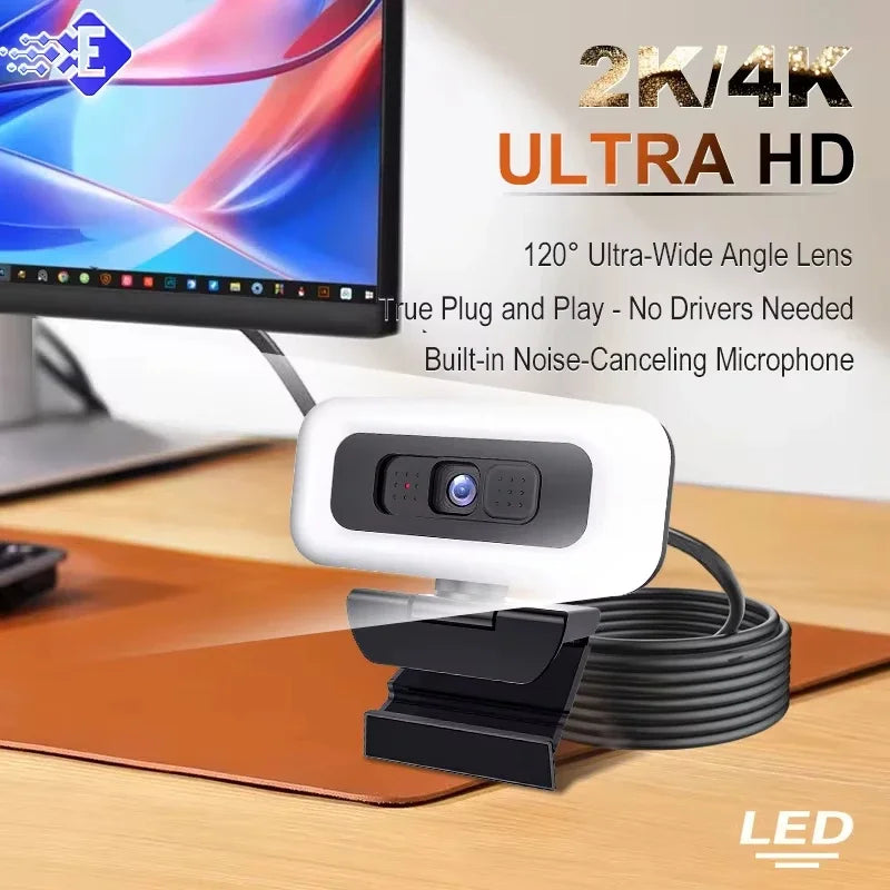Cámara web Lenovo 2K/4K Ultra HD con enfoque automático, micrófono, luz y cubierta de protección de privacidad para transmisiones en vivo flexibles