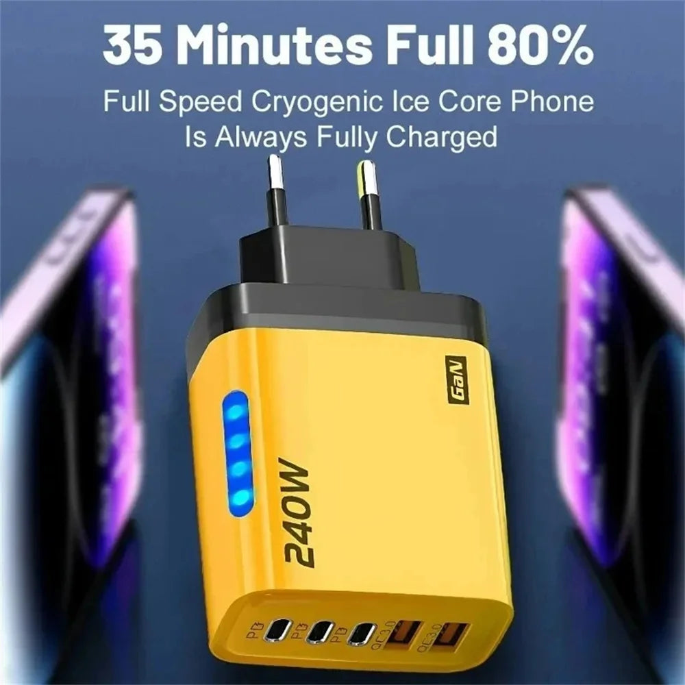 Cargador rápido GaN 5 en 1 de 240W, cargador de pared USB C multipuerto, adaptador de PC ignífugo con luz LED para iPhone, Samsung, Xiaomi, enchufe UE/EE. UU.