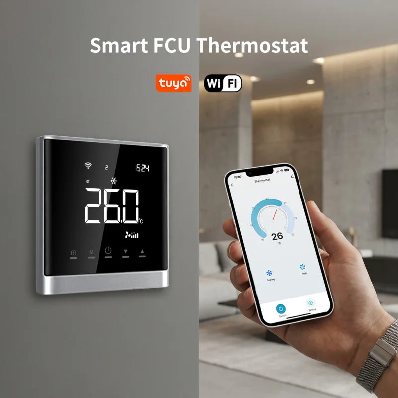 Termostato Modbus para Unidad Fan Coil (FCU) con Wifi, Compatible con la Aplicación Tuya Smart Life, Comunicación RS485, Pantalla LCD de 2.8 Pulgadas, Fácil Instalación, Aire Acondicionado