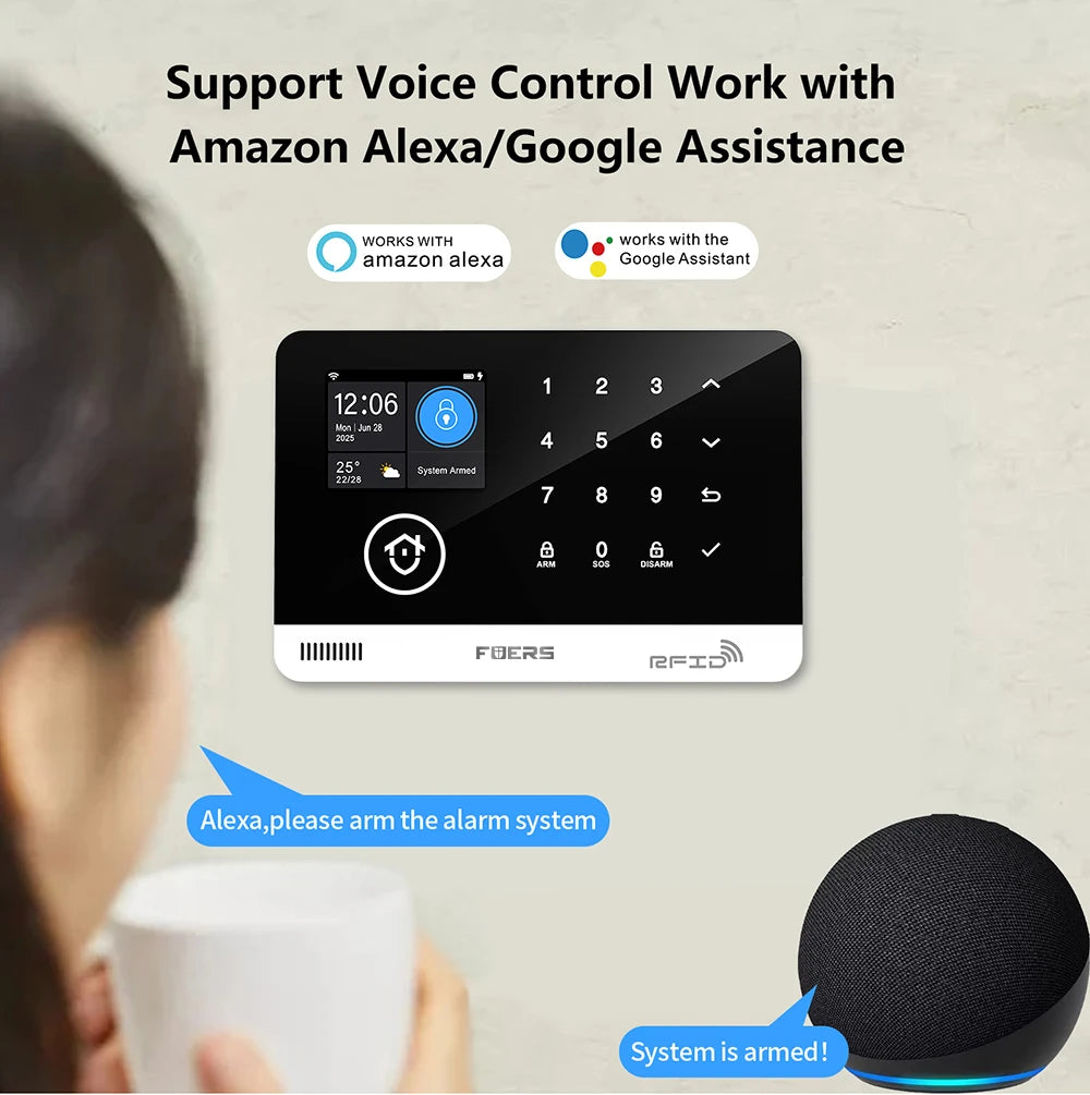 Sistema de alarma FUERS para el hogar TUYA WIFI inteligente GSM alarma de seguridad Host con Sensor de movimiento de puerta Tuya aplicación inteligente control trabajo Alexa