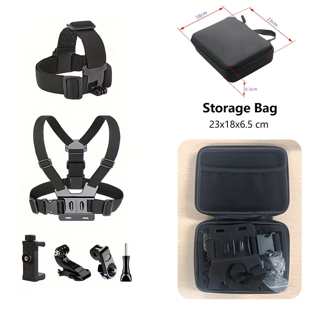 Kit de accesorios para Cámara de Acción todo en uno, correa para la cabeza, soporte para correa para el pecho, ajustable para GoPro Hero Phone Osmo SJCAM AKASO insta360