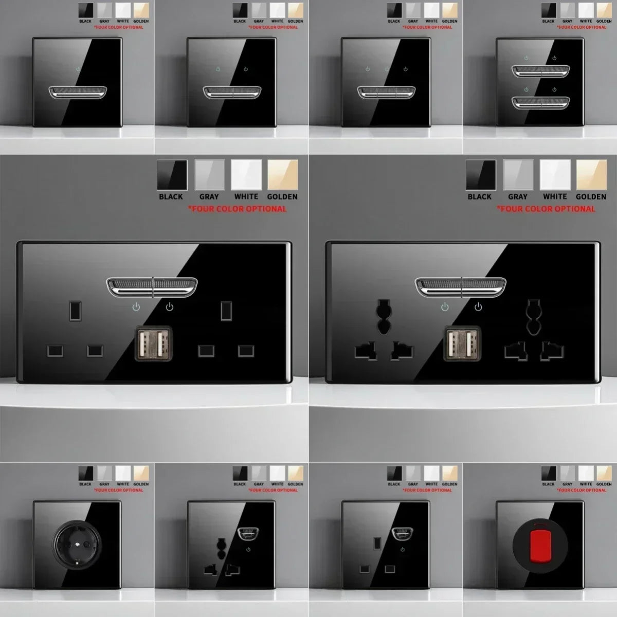 Enchufe de interruptor de vidrio templado estándar francés británico con luz indicadora, reinicio automático, 1, 2, 3, 4 entradas, tomas de Panel de pared, enchufe de 2usb