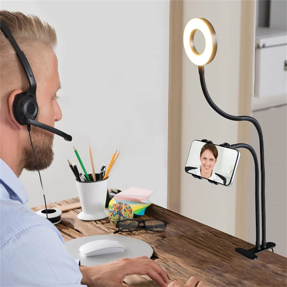 Anillo de luz para Selfie con soporte para teléfono, luz para Selfie con Clip, cuello de cisne Flexible ajustable, lámpara de anillo de escritorio 2 en 1 para transmisión en vivo