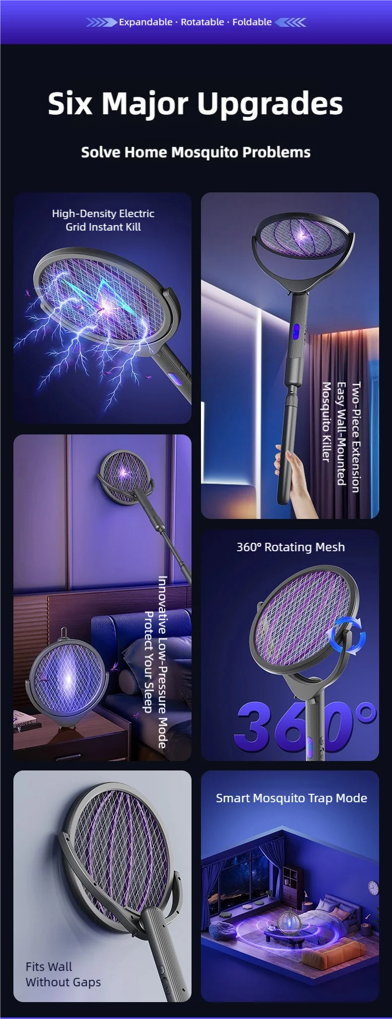 Raqueta Eléctrica Retráctil para Mosquitos TINSOL, Recargable, con Cabezal Giratorio, Mata Mosquitos de Doble Uso para Interiores y Exteriores