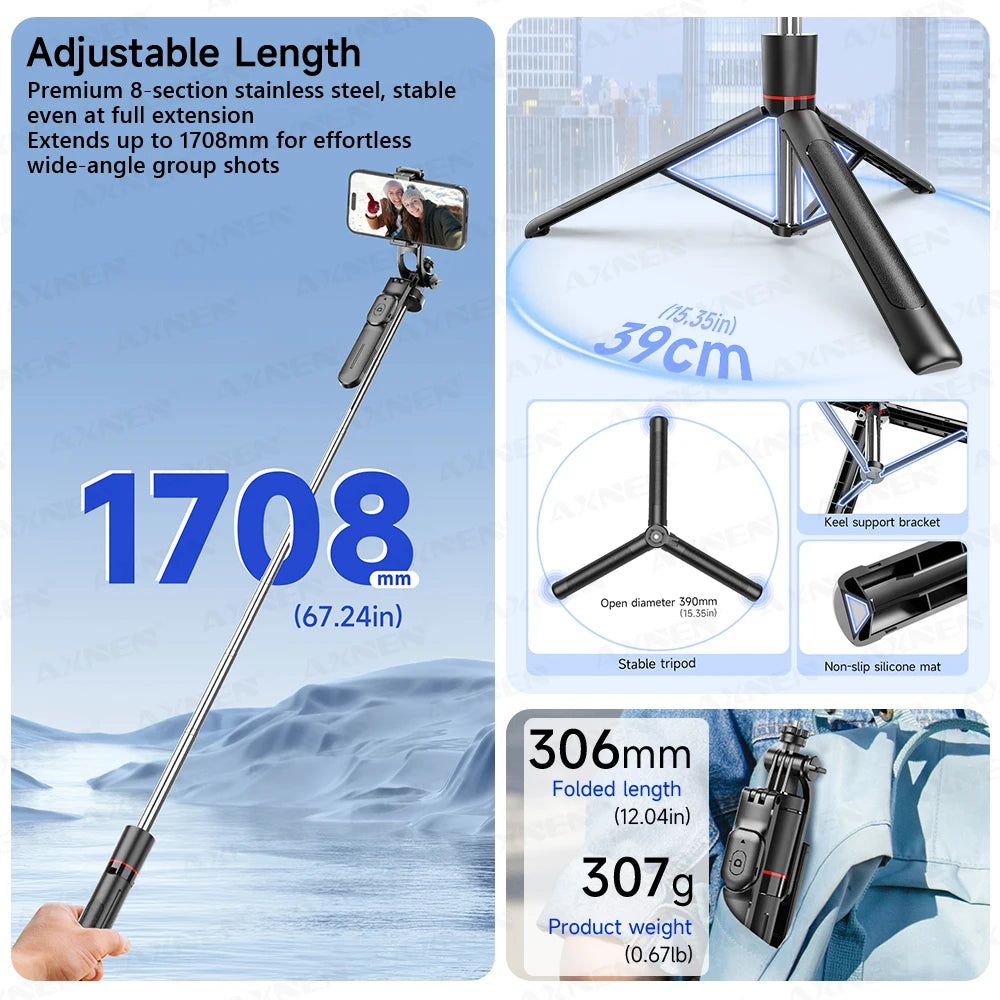 Trípode/palo selfie F16 con poste de 8 secciones de 1708 mm de largo, control remoto Bluetooth, 360 °   Rotación, interfaz 1/4, para cámara de teléfono Vlog