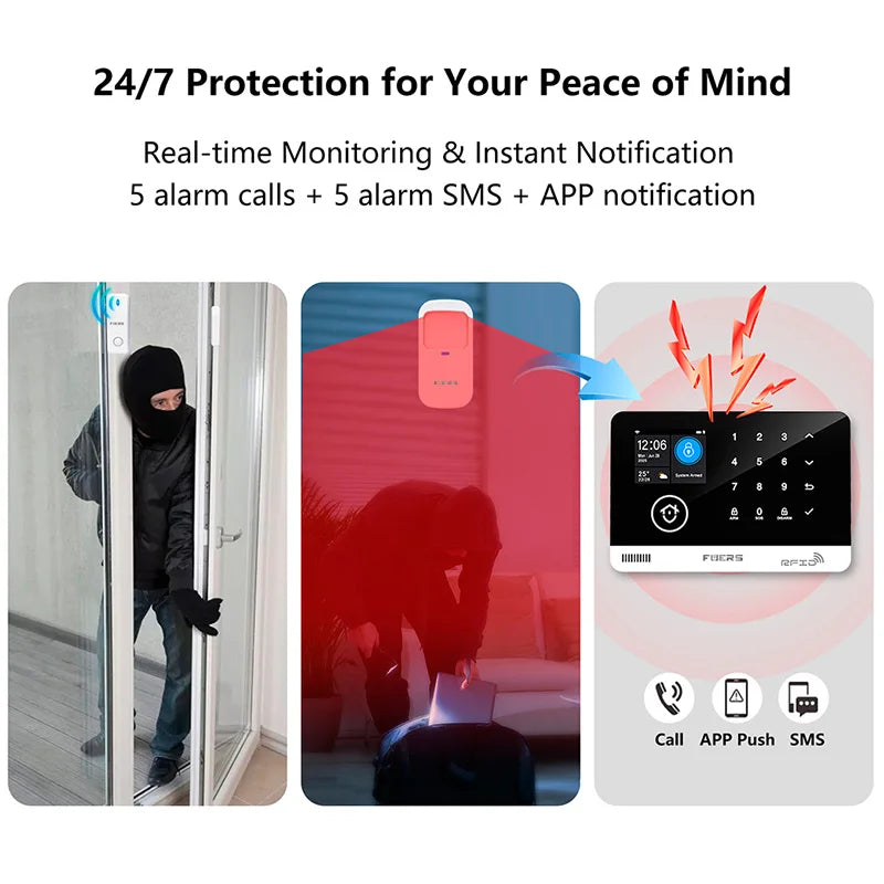 Sistema de alarma FUERS para el hogar TUYA WIFI inteligente GSM alarma de seguridad Host con Sensor de movimiento de puerta Tuya aplicación inteligente control trabajo Alexa