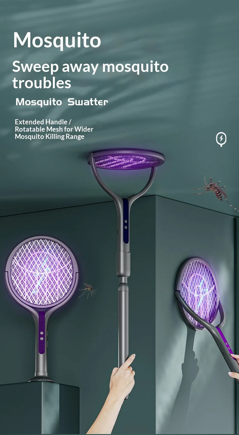Raqueta Eléctrica Recargable para Matar Insectos con Cabezal Giratorio, Matamoscas y Lámpara Trampa para Mosquitos para Interiores y Exteriores