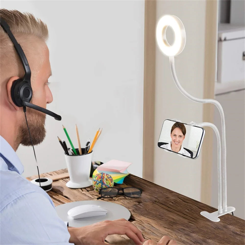 Anillo de luz para Selfie con soporte para teléfono, luz para Selfie con Clip, cuello de cisne Flexible ajustable, lámpara de anillo de escritorio 2 en 1 para transmisión en vivo