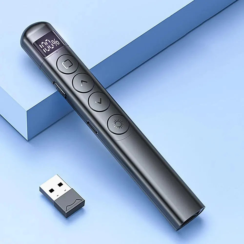 Clicker de presentación con bolígrafo abatible inalámbrico, puntero láser RF de 2,4 GHz, control remoto PowerPoint con Control Hyperlink, presentador IR de luz roja