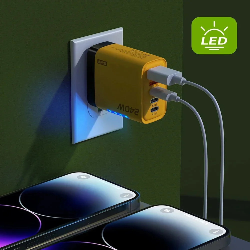 Cargador rápido GaN 5 en 1 de 240W, cargador de pared USB C multipuerto, adaptador de PC ignífugo con luz LED para iPhone, Samsung, Xiaomi, enchufe UE/EE. UU.