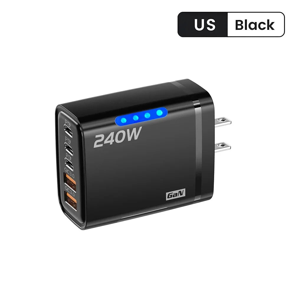 Cargador rápido GaN 5 en 1 de 240W, cargador de pared USB C multipuerto, adaptador de PC ignífugo con luz LED para iPhone, Samsung, Xiaomi, enchufe UE/EE. UU.