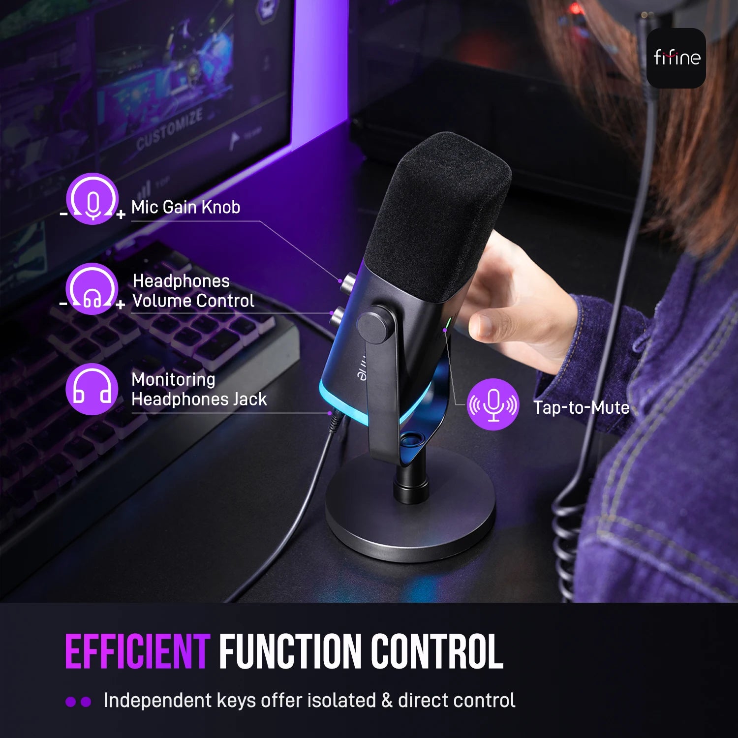 Micrófono dinámico FIFINE USB/XLR con Control RGB/conector para auriculares/mú, micrófono para grabación de juegos de PC Streaming AmpliGame-AM8