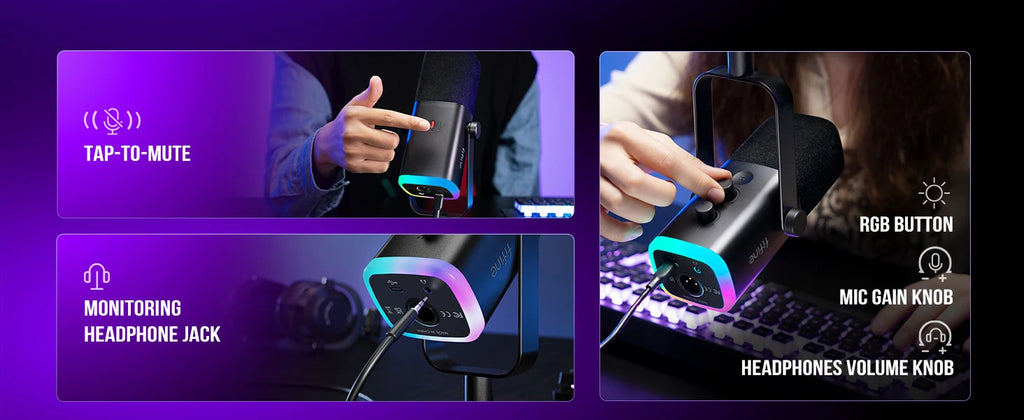 Micrófono dinámico FIFINE USB/XLR con Control RGB/conector para auriculares/mú, micrófono para grabación de juegos de PC Streaming AmpliGame-AM8
