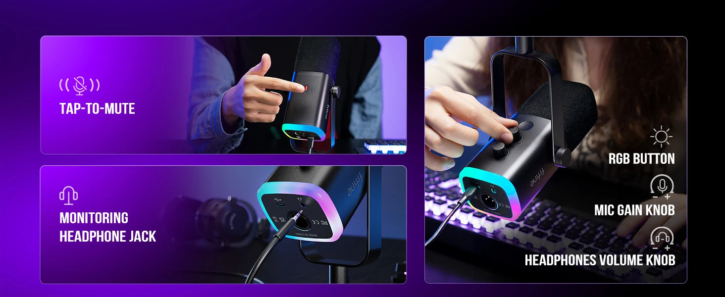 Micrófono dinámico FIFINE USB/XLR con Control RGB/conector para auriculares/mú, micrófono para grabación de juegos de PC Streaming AmpliGame-AM8