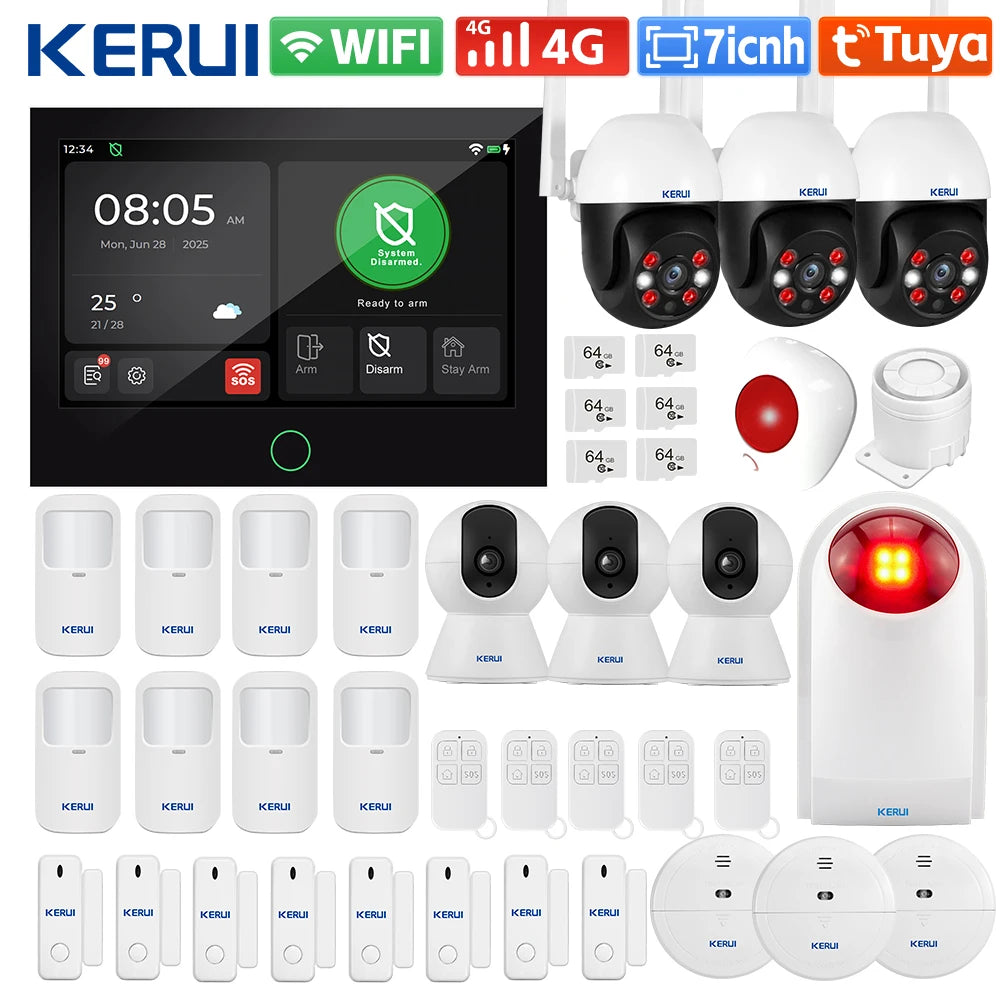 KERUI Tuya WiFi + sistema de alarma para el hogar 4G con Panel de pantalla táctil grande de 7 pulgadas conjunto de alarma FSK / ASK para protección de seguridad del hogar G70