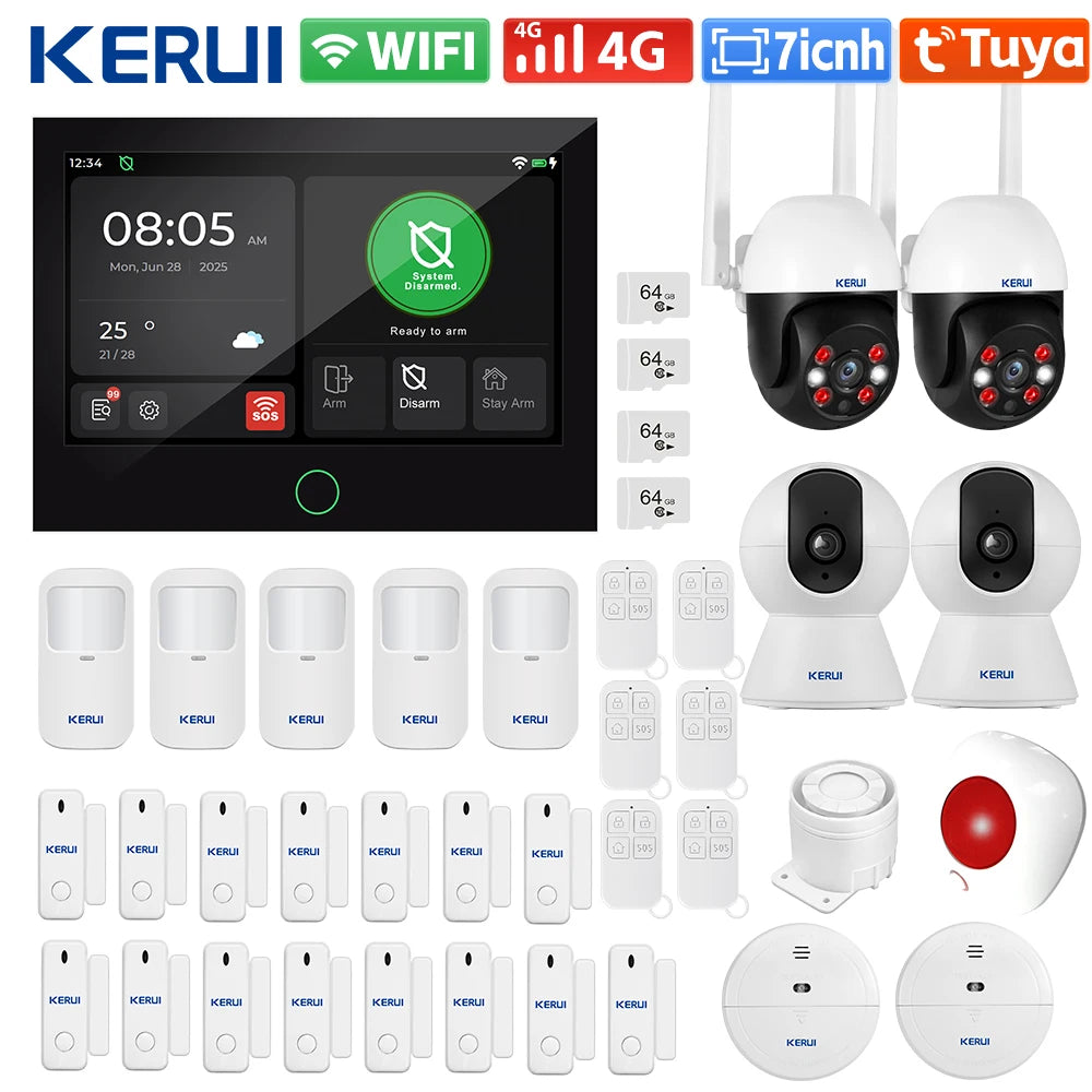 KERUI Tuya WiFi + sistema de alarma para el hogar 4G con Panel de pantalla táctil grande de 7 pulgadas conjunto de alarma FSK / ASK para protección de seguridad del hogar G70