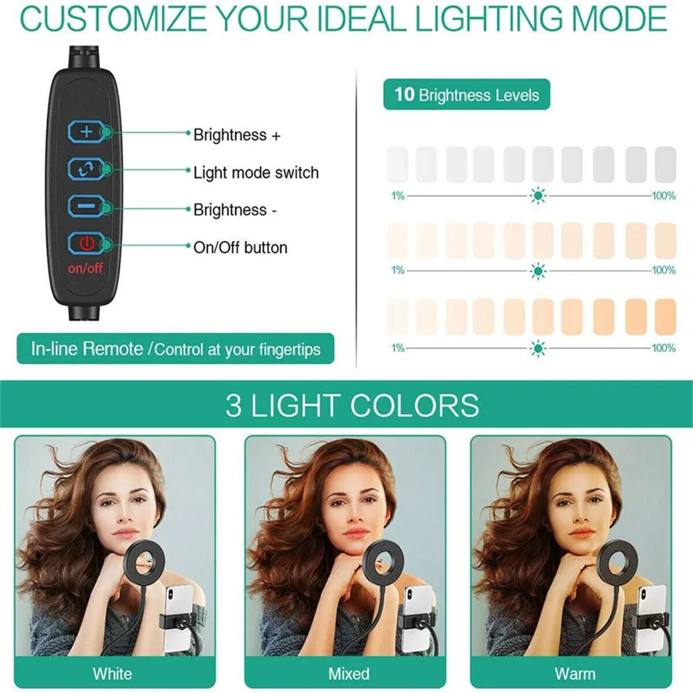 Anillo de luz para Selfie con soporte para teléfono, luz para Selfie con Clip, cuello de cisne Flexible ajustable, lámpara de anillo de escritorio 2 en 1 para transmisión en vivo