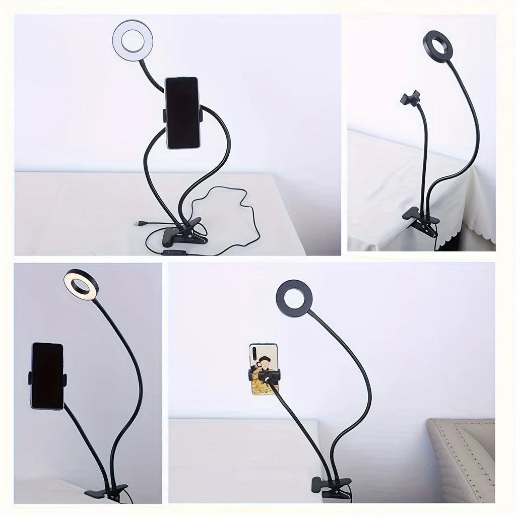 Anillo de luz para Selfie con soporte para teléfono, luz para Selfie con Clip, cuello de cisne Flexible ajustable, lámpara de anillo de escritorio 2 en 1 para transmisión en vivo