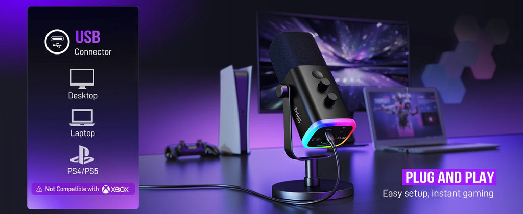 Micrófono dinámico FIFINE USB/XLR con Control RGB/conector para auriculares/mú, micrófono para grabación de juegos de PC Streaming AmpliGame-AM8