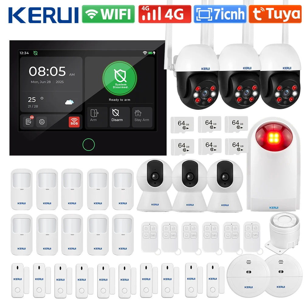 KERUI Tuya WiFi + sistema de alarma para el hogar 4G con Panel de pantalla táctil grande de 7 pulgadas conjunto de alarma FSK / ASK para protección de seguridad del hogar G70