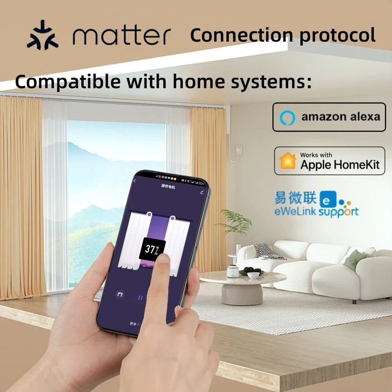 Sistema de Riel para Cortinas Inteligentes S Wave, Motor Compatible con Matter, Homekit, eWeLink y Asistente de Hogar Inteligente