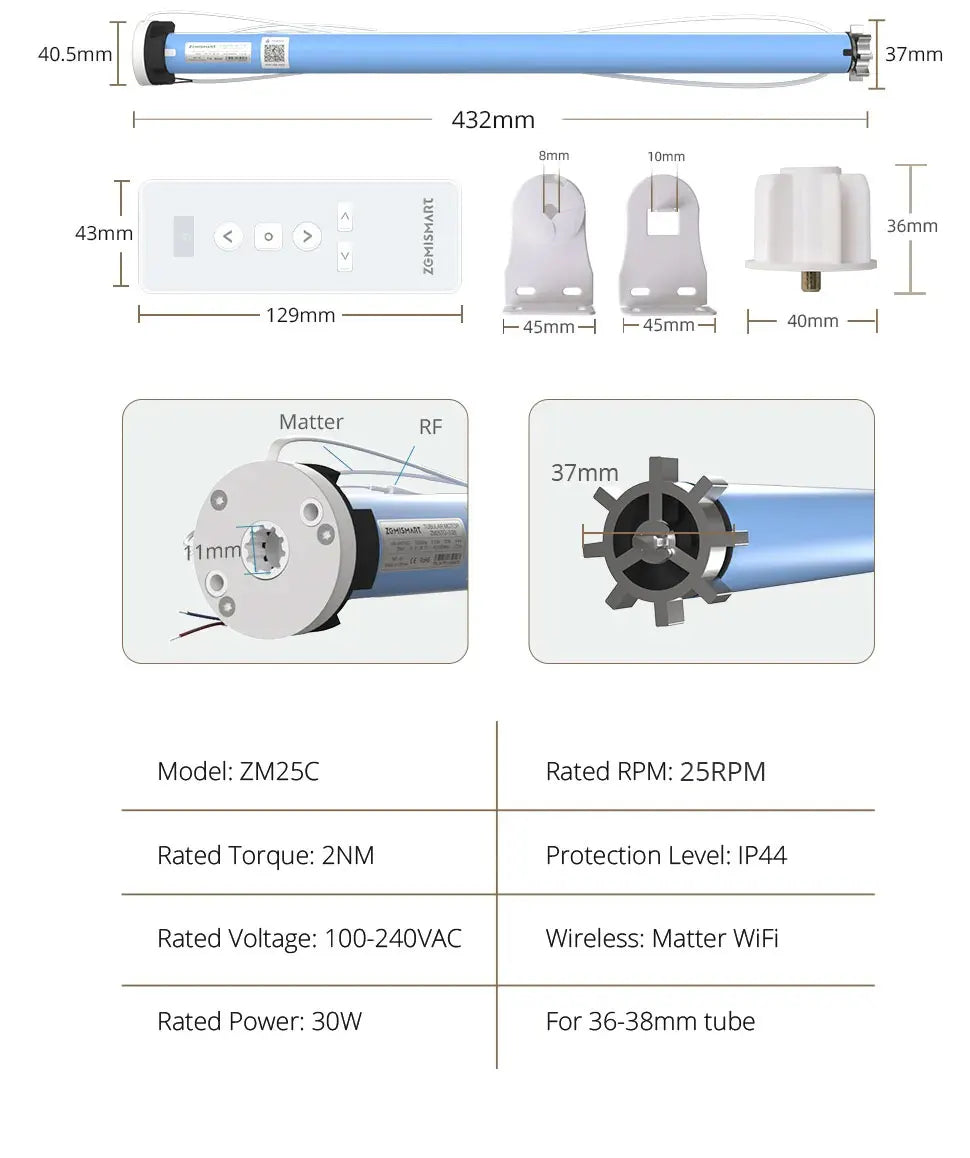 Zemismart Matter Over WiFi 2N Motor de cortina inteligente para tubo de 37 38mm Motor de cortina enrollable Google Home Alexa Homekit App Control