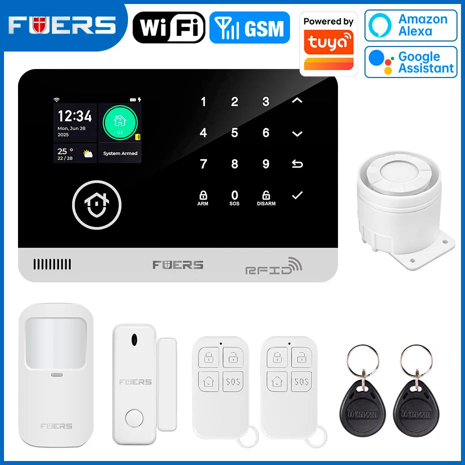 Sistema de alarma FUERS para el hogar TUYA WIFI inteligente GSM alarma de seguridad Host con Sensor de movimiento de puerta Tuya aplicación inteligente control trabajo Alexa