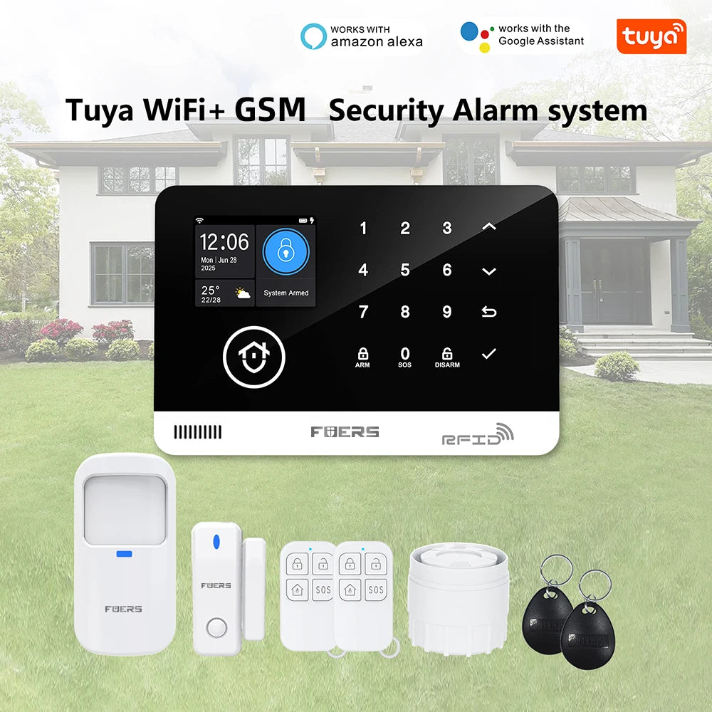 Sistema de alarma FUERS para el hogar TUYA WIFI inteligente GSM alarma de seguridad Host con Sensor de movimiento de puerta Tuya aplicación inteligente control trabajo Alexa