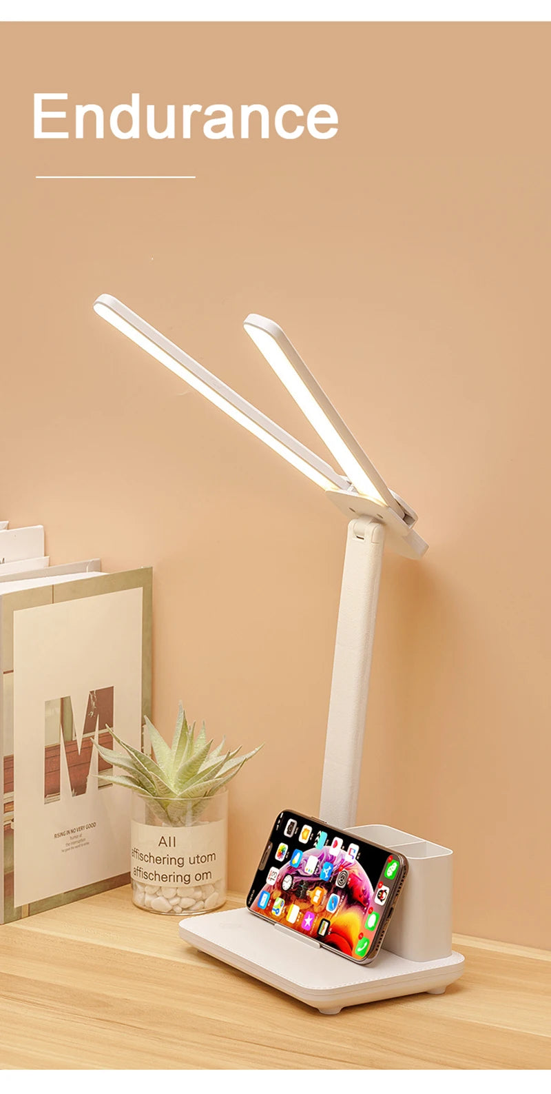 Lámpara de mesa de reloj LED recargable por USB, lámparas de escritorio regulables, 2 cabezales, rotación de 180 grados, protección ocular plegable, luces nocturnas de lectura de escritorio