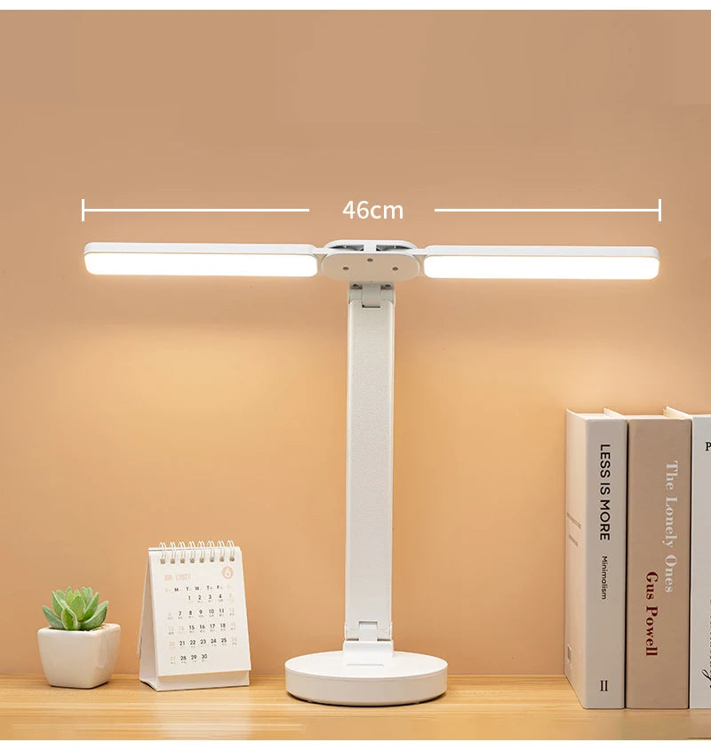 Lámpara de mesa de reloj LED recargable por USB, lámparas de escritorio regulables, 2 cabezales, rotación de 180 grados, protección ocular plegable, luces nocturnas de lectura de escritorio